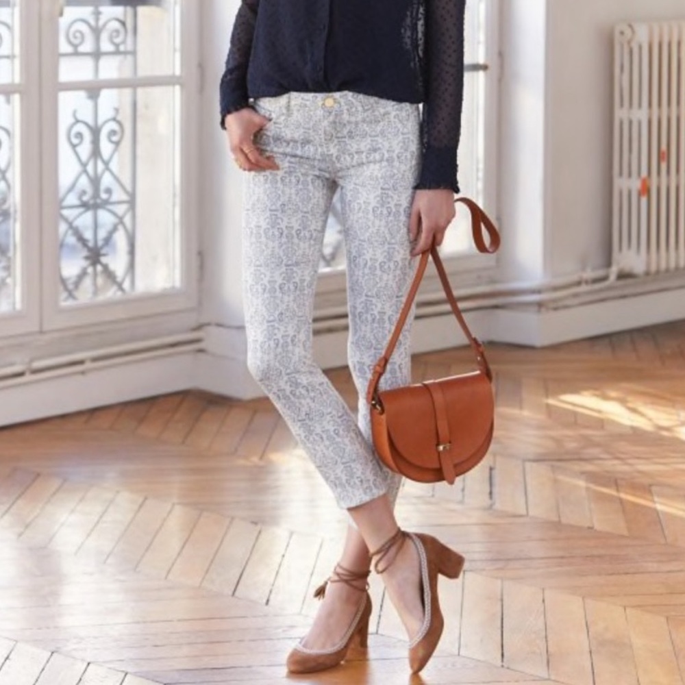 Sezane White Printed Slim Crop Jeans